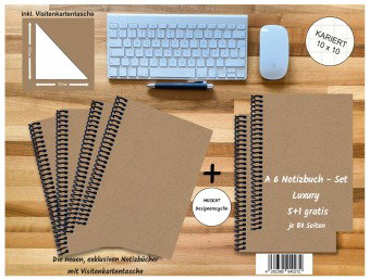 A 6 Notizbuch - Set, 4+2 gratis, Luxury 80 Seiten MUSKAT Designerecycling, kariert 10x10mm