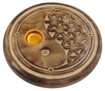 Yin Yang - Blume des Lebens Holz rund 10 cm, Räucherstäbchenhalter