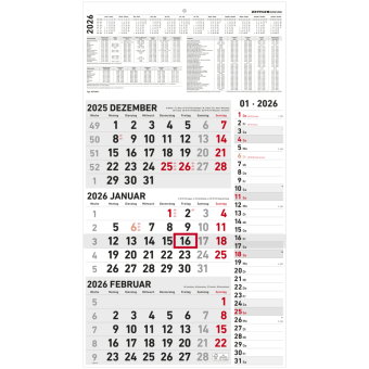 Zettler 3-Monatskalender Kombi 2026 - Wandkalender 33 × 59 cm, 3 Monate pro Blatt mit Datumsschieber