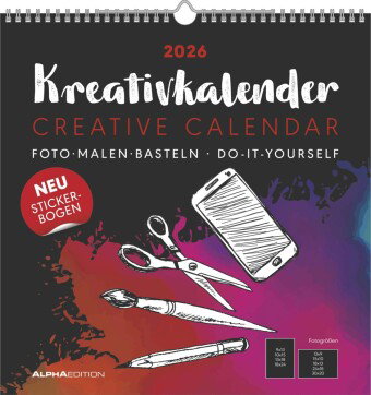 Alpha Edition - Kreativ-Kalender XL schwarz 2026 - Bastelkalender 32×33 cm mit weißer Schrift, Foto-