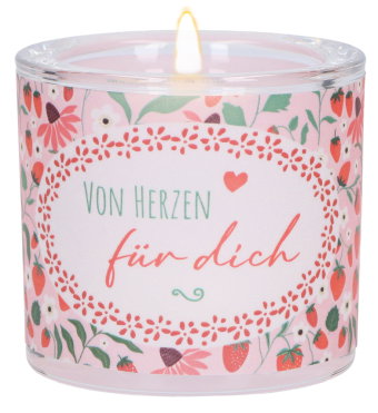 "Von Herzen für dich" Glas-Windlicht mit Erdbeermotiv in Rosa