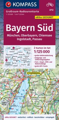 KOMPASS Großraum-Radtourenkarte 3712 Bayern Süd, Oberbayern, Chiemsee, Ingolstadt, Passau, München,