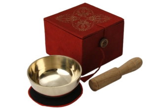 Klangschale (170 g) mit bedruckter roter Geschenkbox, Unterlage und Klöppel