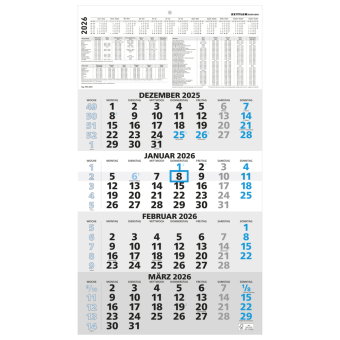 Zettler 4-Monatskalender blau 2026 - Wandkalender 33 × 59 cm mit Datumsschieber, 4 Monate pro Blatt,