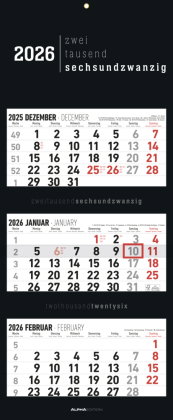 Alpha Edition - 3-Monatskalender Black 2026 - Büro-Kalender 33x20 cm (geschlossen), 33x80 cm (geöffn