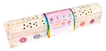 India Truhe "7 Chakren" Holz weiß 30x6cm, Räucherstäbchenhalter