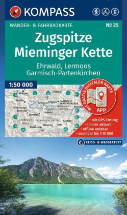 KOMPASS Wanderkarte 25 Zugspitze, Mieminger Kette, Ehrwald, Lermoos, Garmisch-Partenkirchen, Reutte