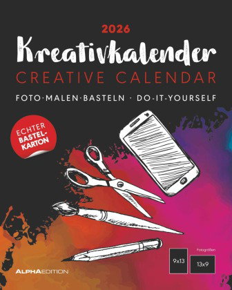 Alpha Edition - Kreativ-Kalender Tischaufsteller Hoch Schwarz 2026 - Bastelkalender 16×20 cm mit wei