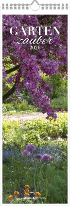 Alpha Edition - Gartenzauber Kalender 2026 - Streifenkalender 15×42 cm mit Gartenmotiven & Platz für
