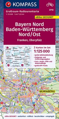 KOMPASS Großraum-Radtourenkarte 3710 Bayern Nord, Baden-Württemberg Nord/Ost, 1:125.000