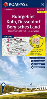 KOMPASS Fahrradkarte 3367 Ruhrgebiet, Köln, Düsseldorf, Bergisches Land mit Knotenpunkten 1:70.000