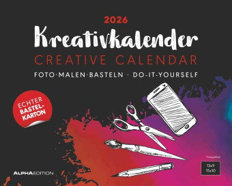 Alpha Edition - Kreativ-Kalender Tischaufsteller Quer Schwarz 2026 - Bastelkalender 20×16 cm mit wei