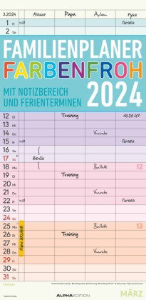 Familienplaner Farbenfroh 2024 mit 4 Spalten - Familien-Timer 22x45 cm - Offset-Papier - mit Ferient