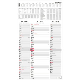 Zettler 3-Monatskalender Streifenplaner 2026 - Wandkalender 33 × 59 cm, 3 Monate pro Blatt mit Datum