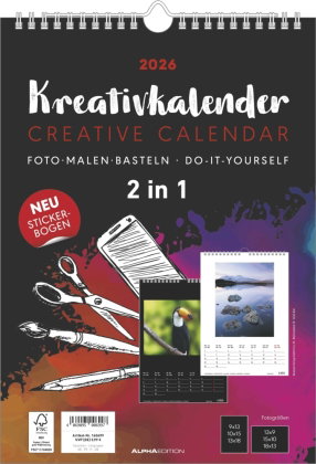 Alpha Edition - Kreativ-Kalender A4 2 in 1 Schwarz & Weiß 2026 - Bastelkalender (21×29,7 cm) mit bei