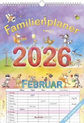 Alpha Edition - Familienplaner Cartoon 2026 - Familienkalender A3 (29,7×42 cm) mit 6 Spalten, Ferien