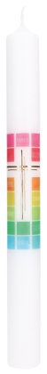 Symbolkerze mit Druckmotiv und aufgelegtem Wachsmotiv - Regenbogenfarben mit Kreuz in Gold