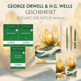 George Orwell & H.G. Wells Geschenkset - 3 Bücher (mit Audio-Online) + Eleganz der Natur Schreibset