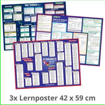 mindmemo Lernposter 3er Set - Englisch ZEITEN + WORTARTEN + GRUNDWORTSCHATZ lernen Grammatik verstän