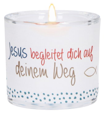 LichtMoment "Jesus begleitet" Glas-Windlicht mit Regenbogenmotiv