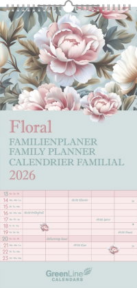 GreenLine - Floral Familienplaner 2026 - Wandkalender 22x45 cm, Familien-Kalender mit 5 Spalten, 12