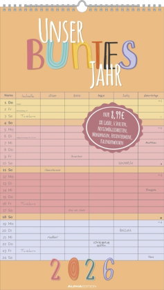Alpha Edition - Unser buntes Jahr - 6 Spalten 2026 - Familienkalender 26×45 cm mit 6 Spalten & Feier