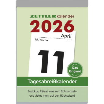 Zettler Tagesabreißkalender XXL 2026 - Abreißkalender 10 × 14 cm, 1 Tag pro Seite mit Sudoku, Rezept