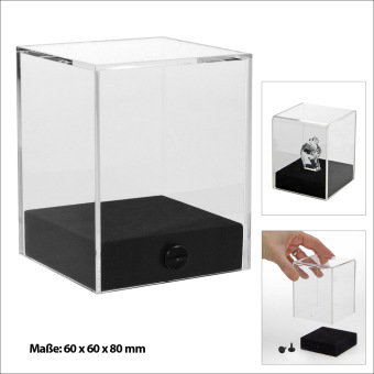 Hochwertige Acryl-Box, Format ca. 60 x 60 x 80 mm, mit edlem schwarzen Sockel, zum Verschrauben für
