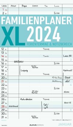 Familienplaner XL 2024 mit 6 Spalten - Familien-Timer 26x45 cm - Offset-Papier - mit Ferienterminen