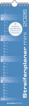 Alpha Edition Streifenplaner Mini Blau Kalender 2026 - 9,5x33 cm - Kompakter Wandplaner für Singles