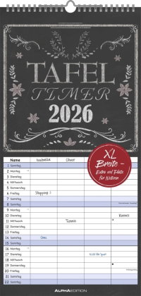 Alpha Edition - Tafel Timer Familienkalender 2026 - Wandkalender 22×45 cm mit 4 Spalten & Feiertagen