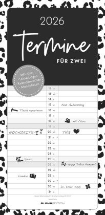 Alpha Edition - Termine für 2 Black and White Kalender 2026 - 22x45 cm - Familienplaner mit 2 Spalte