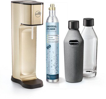 SODAPOP Wassersprudler Joy Prestige, champagner, 2 Glaskaraffen 850ml mit Bottle Shirt, CO2-Zylinder