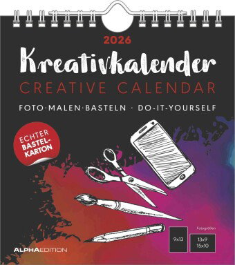 Alpha Edition - Kreativ-Kalender Schwarz 2026 - Bastelkalender 16×17 cm mit Platz für Fotos & eigene