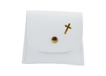 Rosenkranztäschchen weiß, mit goldenem Kreuz und Druckknopf