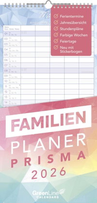 Greenline - Familienplaner Prisma 2026 - Wandkalender 22x45 cm mit 5 Spalten, Stickerbogen, Ferienüb