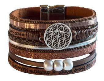 Armband "Blume des Lebens" Kunstleder braun, Metall silberfarben