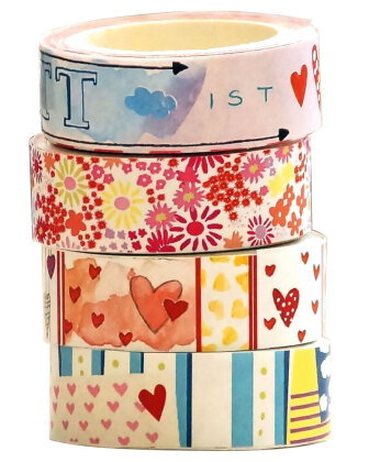 Washi Tapes Set - Blumen und Herzen, 4 verschiedene Rollen