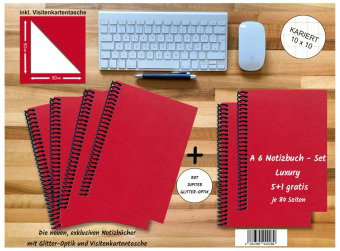 A 6 Notizbuch - Set, 4+2 gratis, Luxury 80 Seiten ROT JUPITER GLITTER-OPTIK, kariert 10x10mm