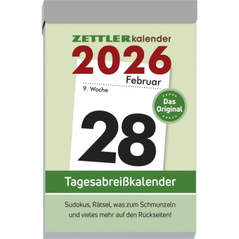 Zettler Tagesabreißkalender L 2026 - Abreißkalender 7 × 10 cm, 1 Tag pro Seite mit Sudoku, Rezepten,