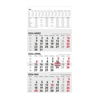 Zettler 3-Monatskalender klein 2026 - Wandkalender 24 × 34 cm faltbar, 3 Monate auf 1 Blatt mit Datu