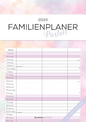 Familienplaner Pastell 2024 - Familienkalender A3 (29,7x42 cm) - mit 5 Spalten, Ferienterminen (DE/A