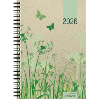 Zettler Wochenbuch 1W/2S Graspapier 2026 - Wochenkalender 14 × 20 cm, 1 Woche auf 2 Seiten, robuster