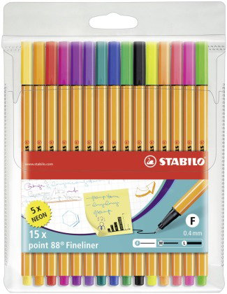 Fineliner - STABILO point 88 - 15er Pack - mit 15 verschiedenen Farben inklusive 5 Neonfarben