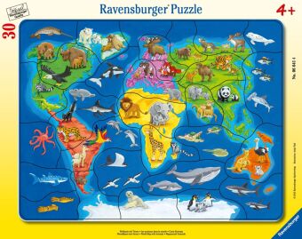 Kinderpuzzle 30 Teile - Weltkarte mit Tieren