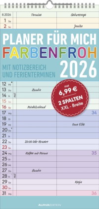 Alpha Edition - Planer für mich Farbenfroh 2026 - Familienkalender 22×45 cm mit 3 Spalten & Feriente