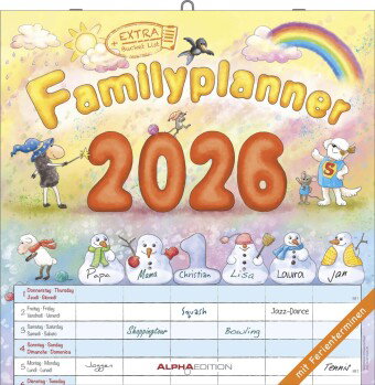 Alpha Edition - Familienplaner Cartoon Kalender 2026 - 30x30 cm - Broschürenkalender mit 6 Spalten &