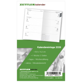 Zettler Kalenderersatzeinlage TP 1W/2S 2026 - Ersatzkalendarium 9 × 15 cm für Taschenplaner Typ 560,