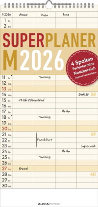 Alpha Edition - Superplaner M - Familienkalender 2026 - 22x45 cm - Farbenfroher Familien-Timer mit 4