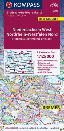 KOMPASS Großraum-Radtourenkarte 3704 Niedersachsen West, Nordrhein-Westfalen Nord, 1:125.000